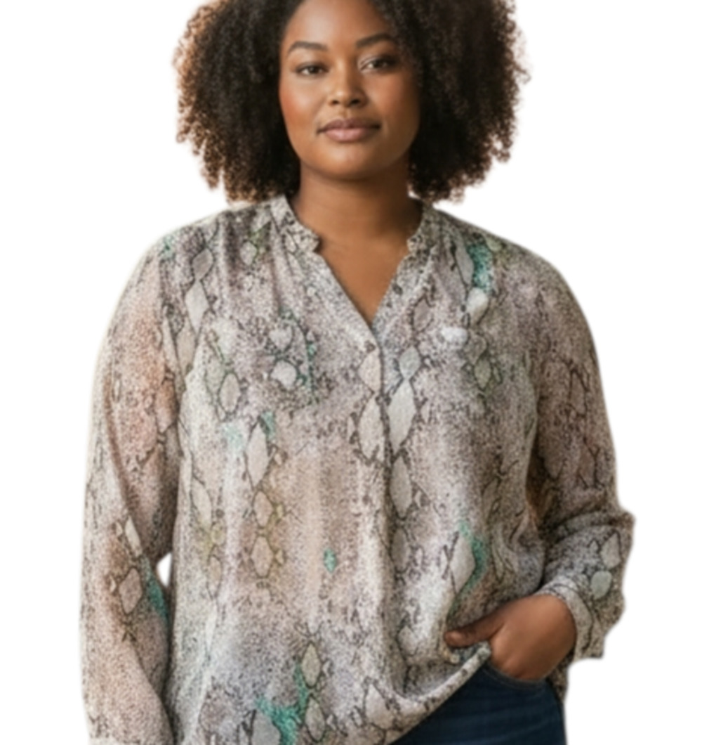 COVINGTON Women's Plus 3X Blouse Sheer Snakeskin Pattern Long Sleeve Button Up
